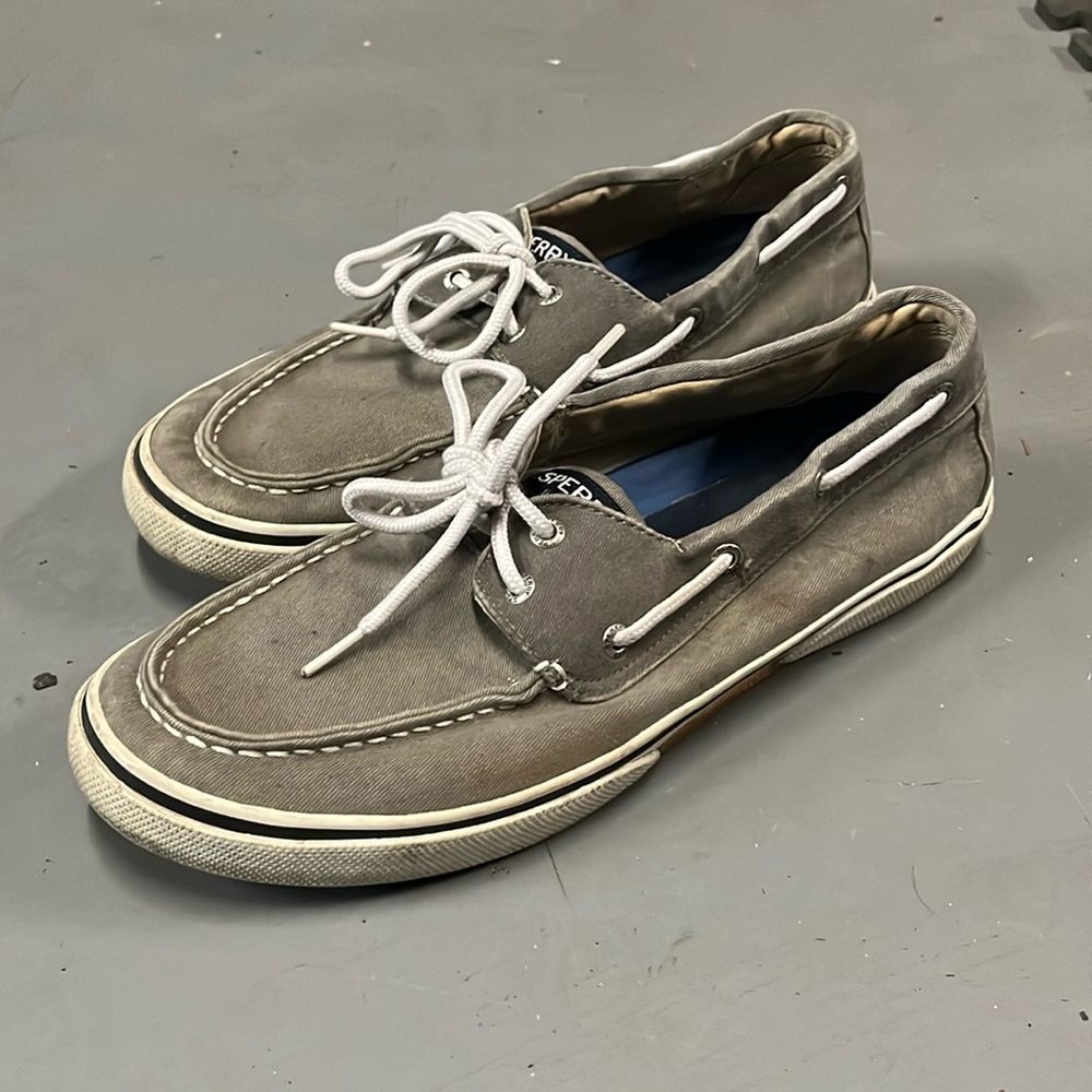 Sperry Men's Gray White Leather Canvas Boat Shoes Size 11.5 STS12019